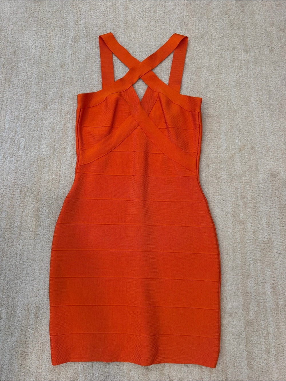 Herve Leger Bright Orange Bandage Mini Dress with Crisscross Straps